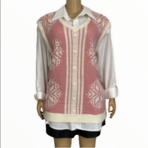 Vintage My Christmas Sweater Pink V Neck Vest Snowflake Print Ivory Size XXL - Picture 5 of 14